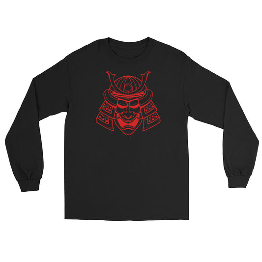 Red Samurai Kabuto Mask design on unisex long sleeve shirt, front view