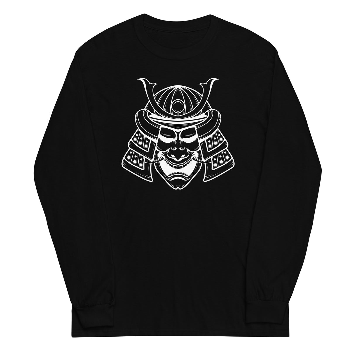 White Samurai Kabuto Mask design on unisex long sleeve shirt, front view