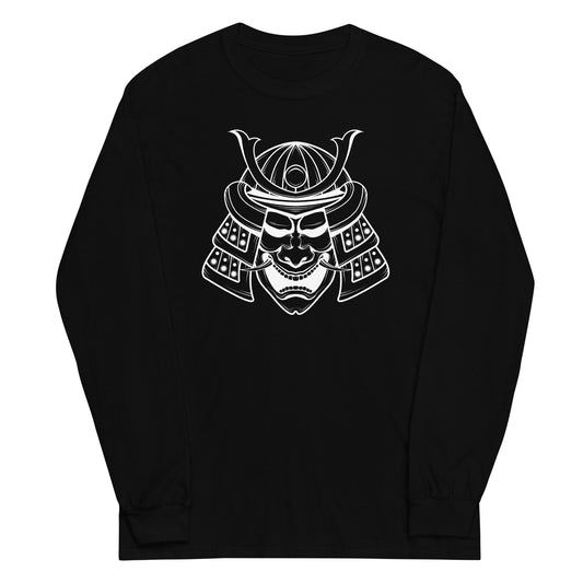 White Samurai Kabuto Mask design on unisex long sleeve shirt, front view