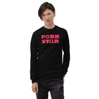 Red Porn Star Logo design on unisex long sleeve shirt, front view