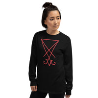 Red Sigil of Lucifer design on unisex long sleeve shirt, left-front view