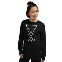 White Sigil of Lucifer design on unisex long sleeve shirt, left-front view
