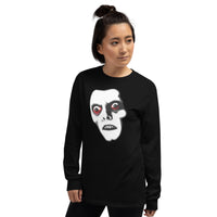 Pazuzu Captain Howdy design on unisex long sleeve shirt, left-front view