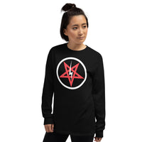 Satanic Church Sigil Bolt design on unisex long sleeve shirt, left-front view