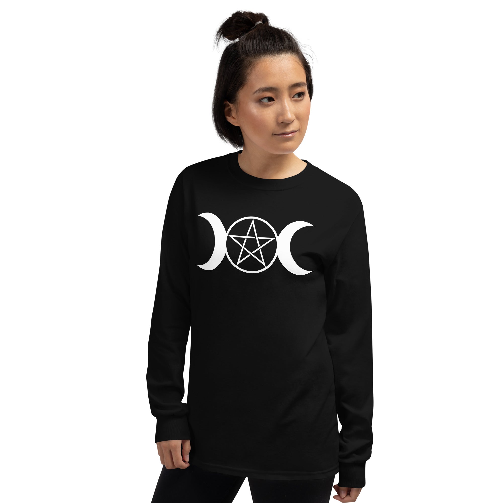 White Triple Moon Goddess Wiccan Pagan Symbol Long Sleeve Shirt - Edge of Life Designs