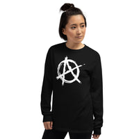 White Anarchy Symbol design on unisex long sleeve shirt, left-front view