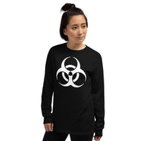 White Biohazard Symbol design on unisex long sleeve shirt, left-front view