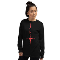Red Melting Inverted Cross design on unisex long sleeve shirt, left-front view