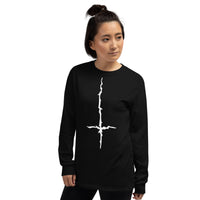 White Melting Inverted Cross design on unisex long sleeve shirt, left-front view