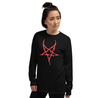 Red Melting Inverted Pentagram design on unisex long sleeve shirt, left-front view