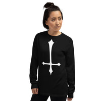 White Inverted Cross design on unisex long sleeve shirt, left-front view