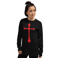Red Medieval Cross design on unisex long sleeve shirt, left-front view