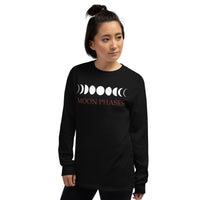 Lunar Moon Phases design on unisex long sleeve shirt, left-front view