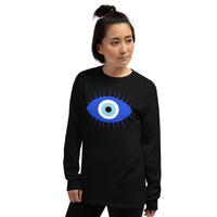 Curse of the Evil Eye design on unisex long sleeve shirt, left-front view