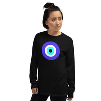 Classic Evil Eye design on unisex long sleeve shirt, left-front view