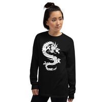 Ancient Chinese Loong Dragon design on unisex long sleeve shirt, left-front view