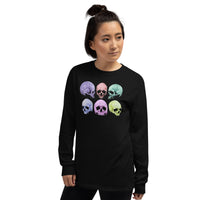 Pastel Death Skulls design on unisex long sleeve shirt, left-front view