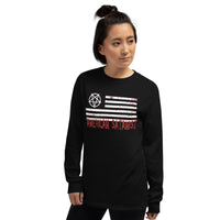 American Satanist Pentagram design on unisex long sleeve shirt, left-front view