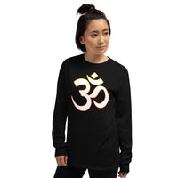 Om Sacred Symbol design on unisex long sleeve shirt, left-front view