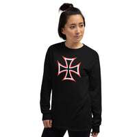 Red White Iron Cross design on unisex long sleeve shirt, left-front view