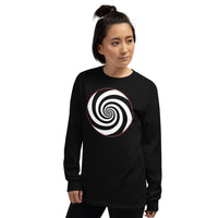 Hypnotic Spiral Illusion design on unisex long sleeve shirt, left-front view