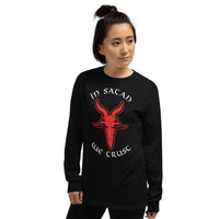 In Satan We Trust 666 Goat Head design on unisex long sleeve shirt, left-front view