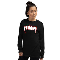 Bloody Vampire Fangs design on unisex long sleeve shirt, left-front view