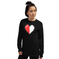 Pixel Half Heart design on unisex long sleeve shirt, left-front view