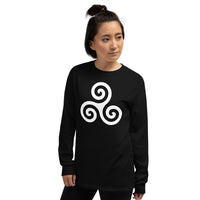 White Triskelion design on unisex long sleeve shirt, left-front view