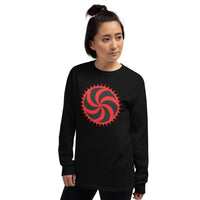 Red Deadly Swirl design on unisex long sleeve shirt, left-front view