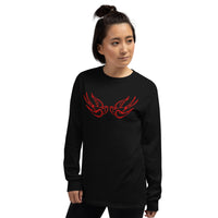 Red Falling Sparrows design on unisex long sleeve shirt, left-front view