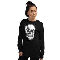 Halloween Human Skull design on unisex long sleeve shirt, left-front view