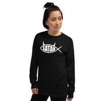 White Satan Fish design on unisex long sleeve shirt, left-front view
