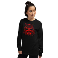 Red Samurai Kabuto Mask design on unisex long sleeve shirt, left-front view