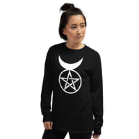 Horned God design on unisex long sleeve shirt, left-front view