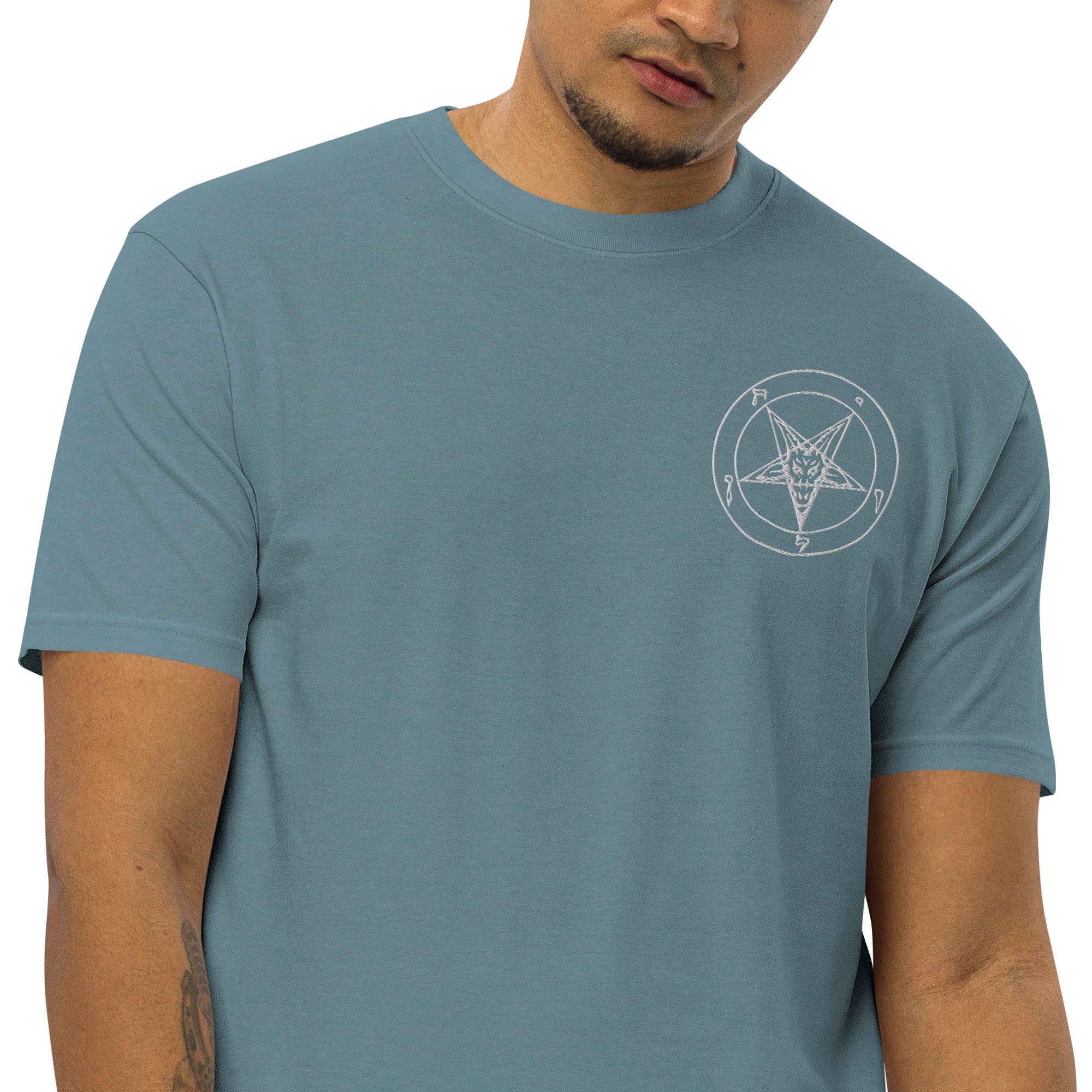 White Sigil of Baphomet Embroidered on Men’s Premium Heavyweight Tee Shirt