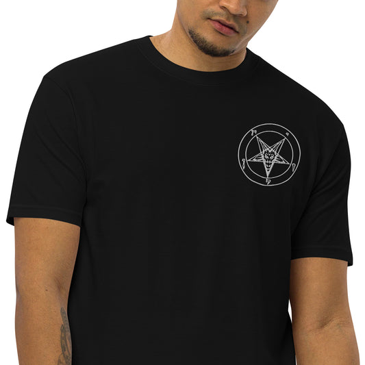 White Sigil of Baphomet design on unisex T-shirt, detail view