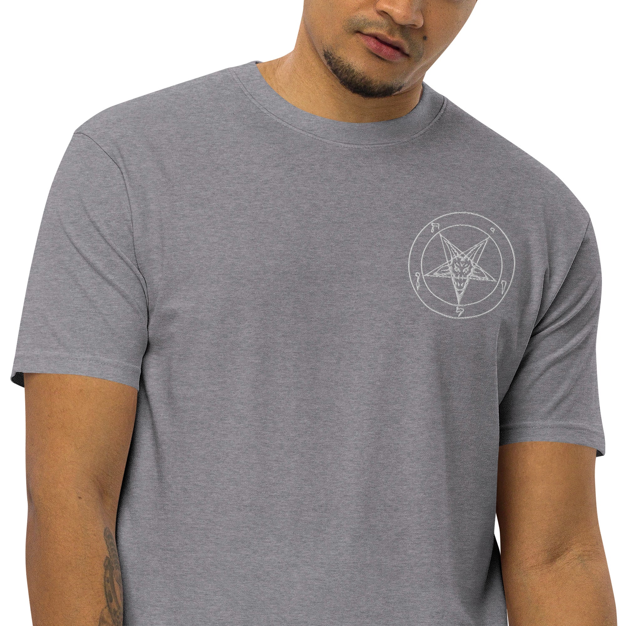 White Sigil of Baphomet Embroidered on Men’s Premium Heavyweight Tee Shirt