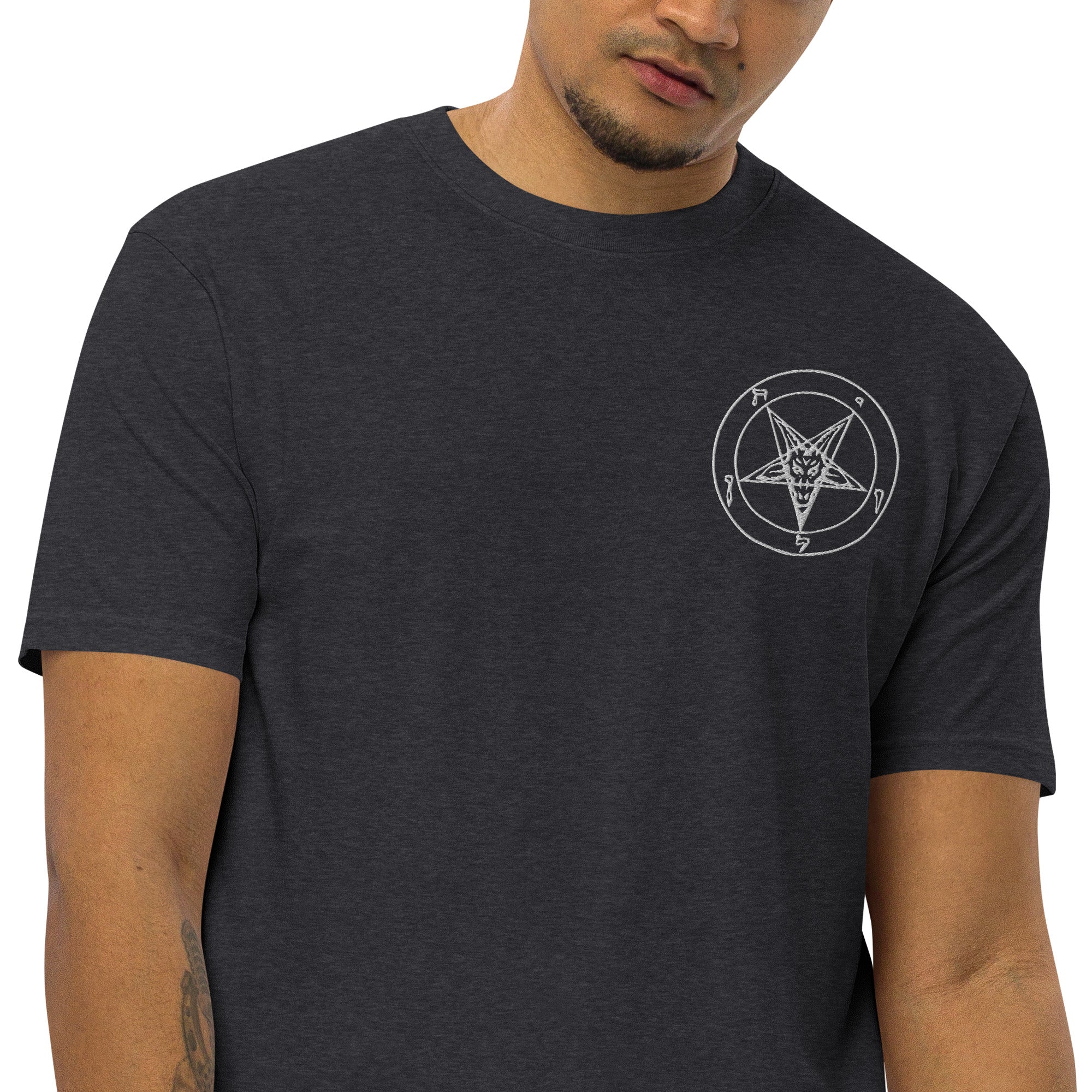 White Sigil of Baphomet Embroidered on Men’s Premium Heavyweight Tee Shirt