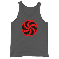 Red Deadly Swirl design on men's tank top, front view