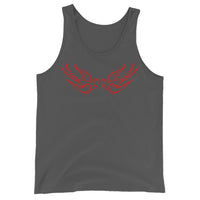 Red Falling Sparrows design on men's tank top, front view