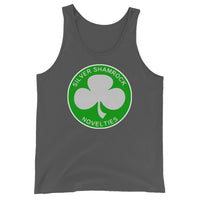 Silver Shamrock Novelties design on men's tank top, front view