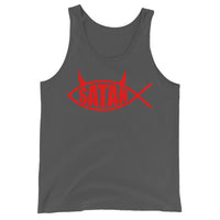 Red Satan Fish design on men's tank top, front view