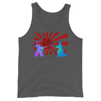 Samurai Duel Rising Sun design on men's tank top, front view
