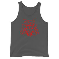 Red Samurai Kabuto Mask design on men's tank top, front view