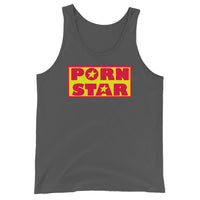 Yellow Red Porn Star Logo design on men's tank top, front view