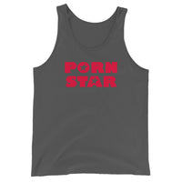 Red Porn Star Logo design on men's tank top, front view