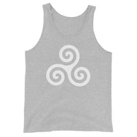White Triskelion design on men's tank top, front view