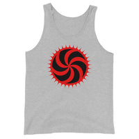 Red Deadly Swirl design on men's tank top, front view