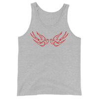 Red Falling Sparrows design on men's tank top, front view